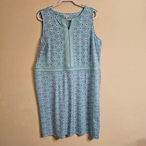 Talbots Shift Dress Women 1X Teal Blue Medallion Print Sleeveless Split V-Neck